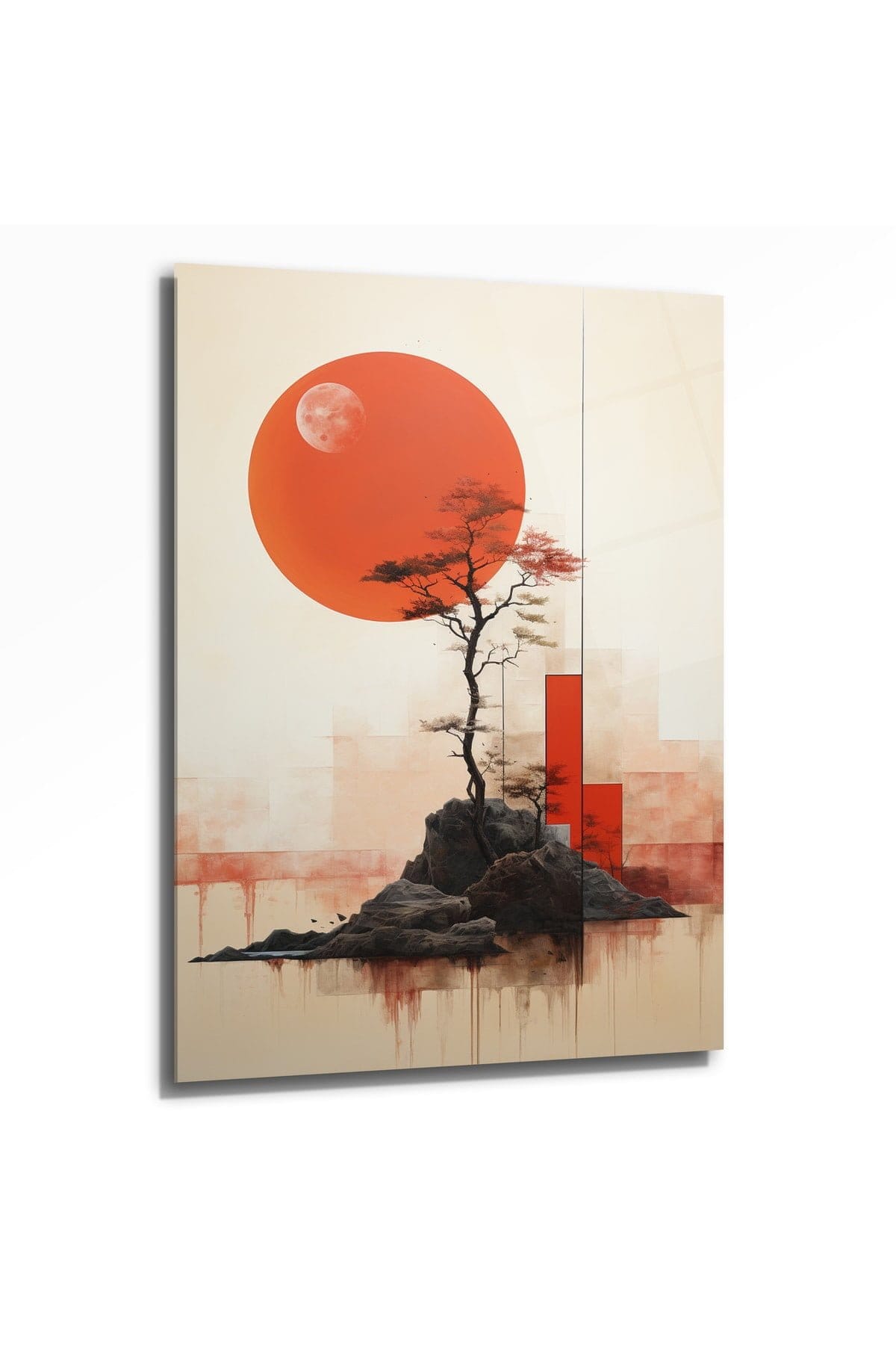 Kızıl Ufuk ve Bonsai: Japon Minimalist Modern Cam Tablo Duvar Dekoru cam tablo, duvar sanatı, modern dekorasyon, soyut sanat, cam sanat eserleri, iç mekan dekorasyonu, ofis dekorasyonu, ev dekorasyonu, restoran dekorasyonu, cafe dekorasyonu, cam baskı, UV baskı, estetik duvar sanatı