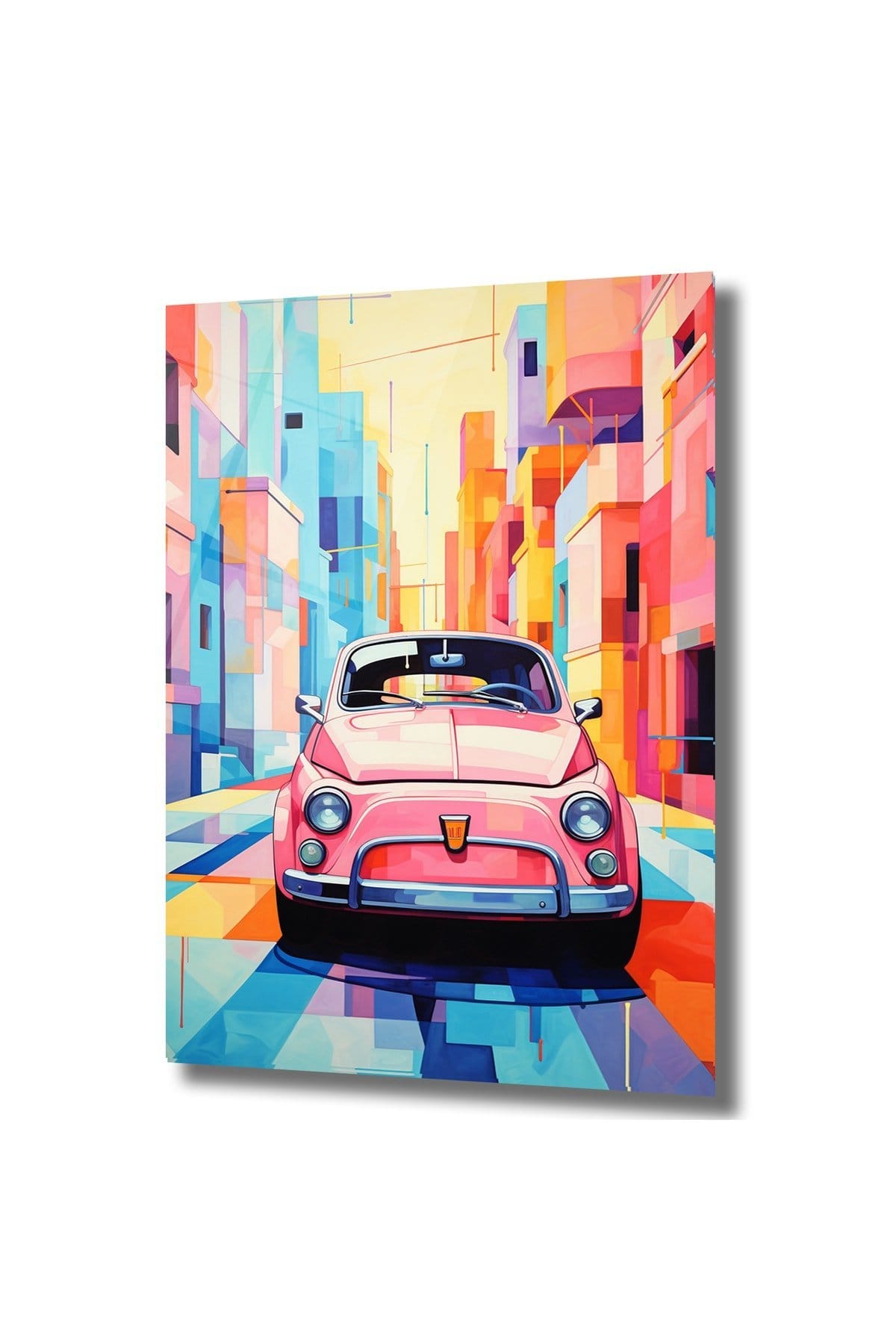 Renkli Şehirde Pembe Fiat 500: Modern Sanat Cam Tablo Duvar Dekoru cam tablo, duvar sanatı, modern dekorasyon, soyut sanat, cam sanat eserleri, iç mekan dekorasyonu, ofis dekorasyonu, ev dekorasyonu, restoran dekorasyonu, cafe dekorasyonu, cam baskı, UV baskı, estetik duvar sanatı