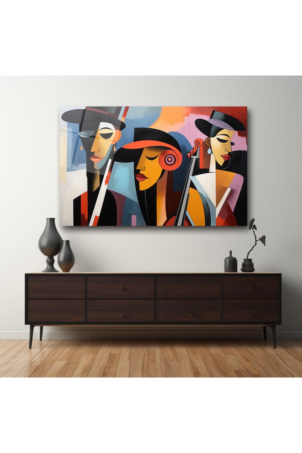 Cazın Ruhu: Art Deco Esintili Modern Figürlü Cam Tablo Duvar Dekoru cam tablo, duvar sanatı, modern dekorasyon, soyut sanat, cam sanat eserleri, iç mekan dekorasyonu, ofis dekorasyonu, ev dekorasyonu, restoran dekorasyonu, cafe dekorasyonu, cam baskı, UV baskı, estetik duvar sanatı