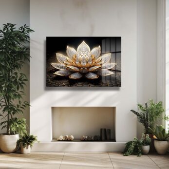 Zarafetin Işıltısı: Altın Pırlanta Lotus Lüks Cam Tablo - Glazella
