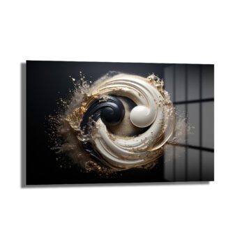 Modern Ying Yang Dekoratif Yatay Cam Tablo ürününü gösteren, beyaz bir duvarda asılı, temperli camdan yapılmış, canlı renklerde HD UV baskıya sahip, ev ve ofis dekorasyonu için şık bir duvar sanatı.