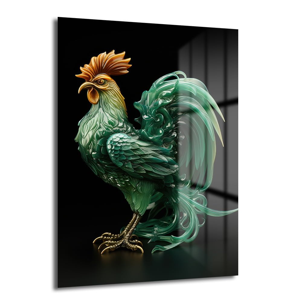 Zümrüt Horozun Görkemi: Modern Sanat Temperli Cam Tablo Duvar Dekoru cam tablo, duvar sanatı, modern dekorasyon, soyut sanat, cam sanat eserleri, iç mekan dekorasyonu, ofis dekorasyonu, ev dekorasyonu, restoran dekorasyonu, cafe dekorasyonu, cam baskı, UV baskı, estetik duvar sanatı