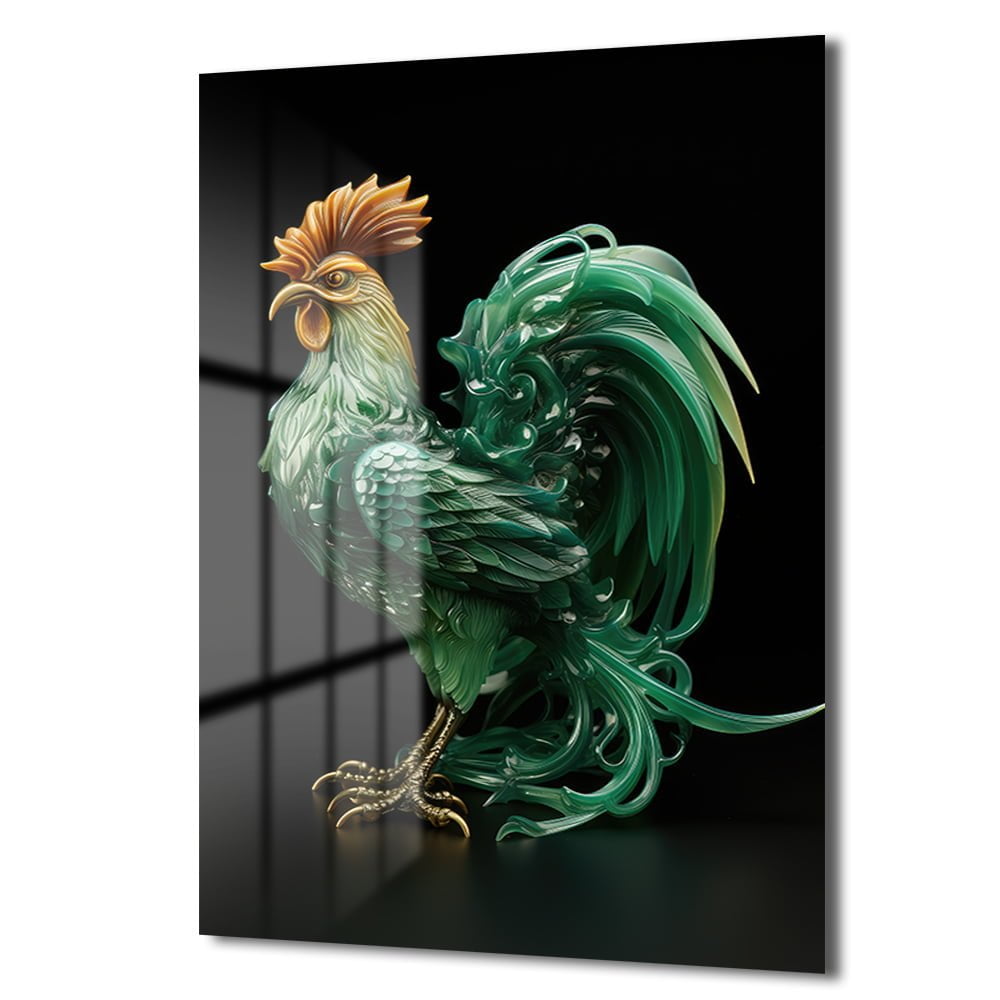 Zümrüt Horozun Görkemi: Modern Sanat Temperli Cam Tablo Duvar Dekoru cam tablo, duvar sanatı, modern dekorasyon, soyut sanat, cam sanat eserleri, iç mekan dekorasyonu, ofis dekorasyonu, ev dekorasyonu, restoran dekorasyonu, cafe dekorasyonu, cam baskı, UV baskı, estetik duvar sanatı
