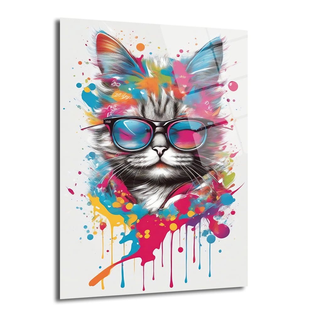 Cool Kedi: Renkli Sıçramalarla Gözlüklü Sanatsal Cam Tablo Duvar Dekoru cam tablo, duvar sanatı, modern dekorasyon, soyut sanat, cam sanat eserleri, iç mekan dekorasyonu, ofis dekorasyonu, ev dekorasyonu, restoran dekorasyonu, cafe dekorasyonu, cam baskı, UV baskı, estetik duvar sanatı
