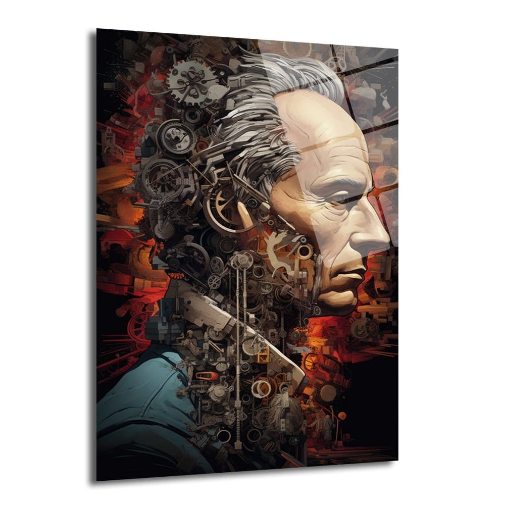 Mekanik Bilinç: Steampunk Temalı Modern Dekoratif Cam Tablo Duvar Dekoru Steampunk temalı 'Mekanik Bilinç: Steampunk Temalı Modern Dekoratif Cam Tablo', yaşlı bir bilgenin profilini, iç içe geçmiş dişliler ve mekanik parçalarla harmanlayarak gösteren, kahverengi, turuncu, kırmızı, gri ve siyah tonlarında sanatsal bir görsel.