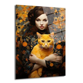 Gizemli Kadın ve Turuncu Kedi: Modern Sanat Temperli Cam Tablo - Glazella