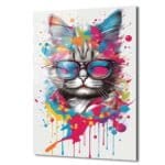 Cool Kedi: Renkli Sıçramalarla Gözlüklü Sanatsal Cam Tablo Duvar Dekoru cam tablo, duvar sanatı, modern dekorasyon, soyut sanat, cam sanat eserleri, iç mekan dekorasyonu, ofis dekorasyonu, ev dekorasyonu, restoran dekorasyonu, cafe dekorasyonu, cam baskı, UV baskı, estetik duvar sanatı