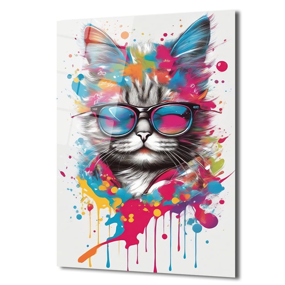 Cool Kedi: Renkli Sıçramalarla Gözlüklü Sanatsal Cam Tablo Duvar Dekoru cam tablo, duvar sanatı, modern dekorasyon, soyut sanat, cam sanat eserleri, iç mekan dekorasyonu, ofis dekorasyonu, ev dekorasyonu, restoran dekorasyonu, cafe dekorasyonu, cam baskı, UV baskı, estetik duvar sanatı