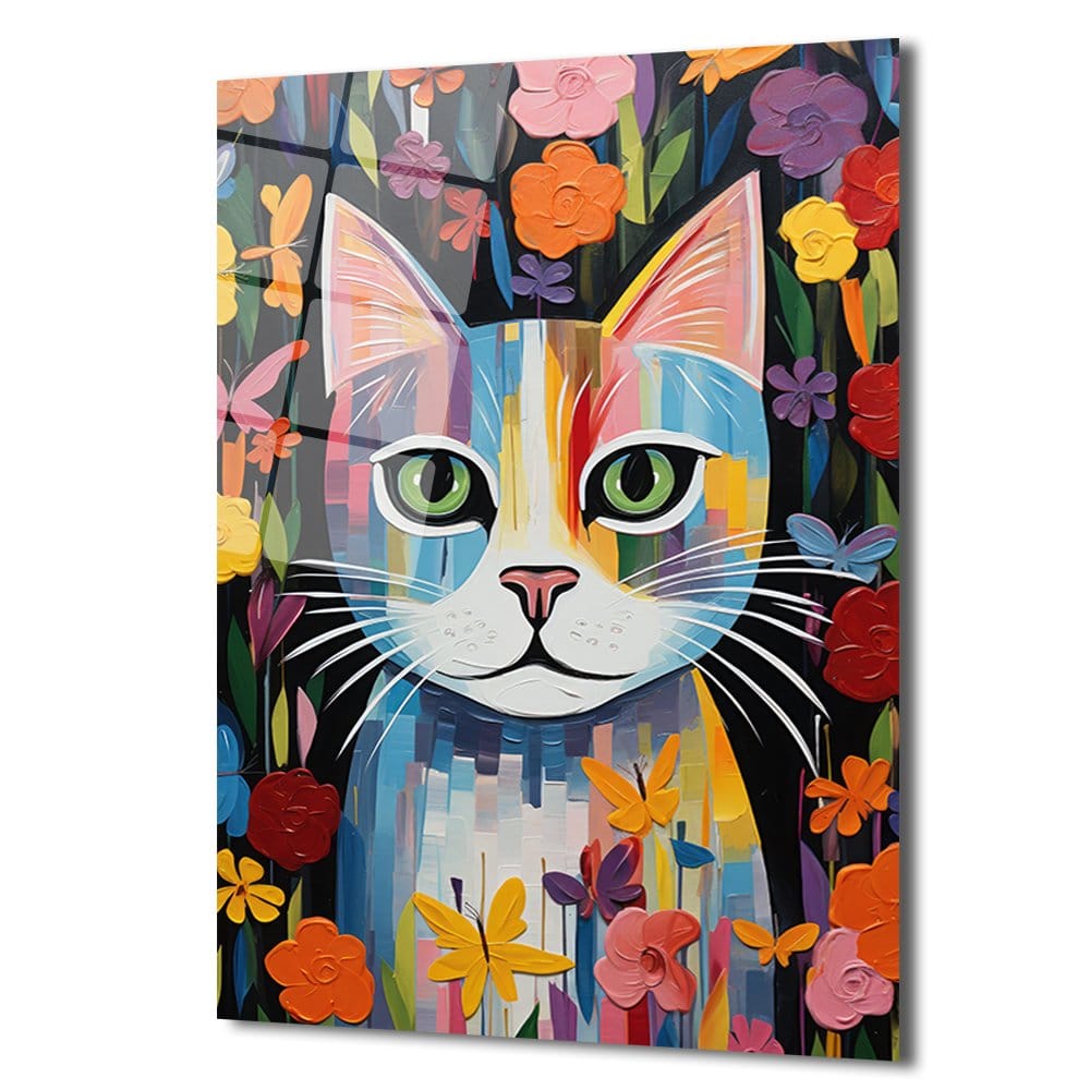Rengarenk Neşe: Modern Sanat Kedi Temalı Temperli Cam Tablo Duvar Dekoru cam tablo, duvar sanatı, modern dekorasyon, soyut sanat, cam sanat eserleri, iç mekan dekorasyonu, ofis dekorasyonu, ev dekorasyonu, restoran dekorasyonu, cafe dekorasyonu, cam baskı, UV baskı, estetik duvar sanatı