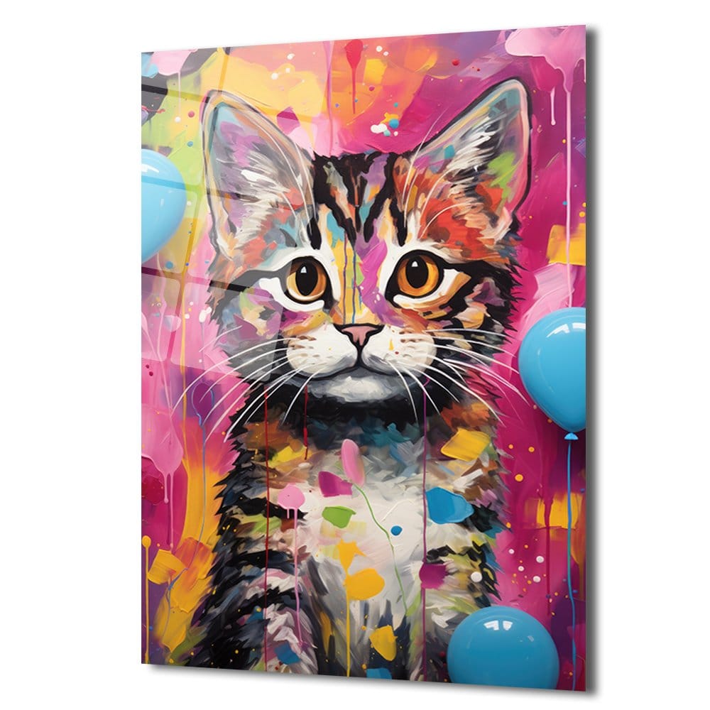 Neşeli Palet: Canlı Renklerle Kedi Sanatı Cam Tablo Duvar Dekoru cam tablo, duvar sanatı, modern dekorasyon, soyut sanat, cam sanat eserleri, iç mekan dekorasyonu, ofis dekorasyonu, ev dekorasyonu, restoran dekorasyonu, cafe dekorasyonu, cam baskı, UV baskı, estetik duvar sanatı