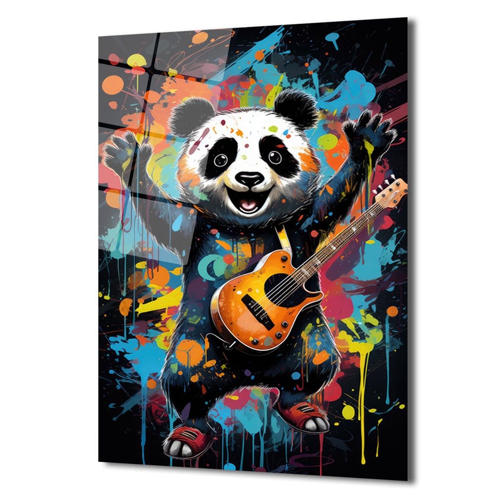 Rockstar Panda: Renkli Sıçramalarla Enerjik Cam Tablo Duvar Dekoru cam tablo, duvar sanatı, modern dekorasyon, soyut sanat, cam sanat eserleri, iç mekan dekorasyonu, ofis dekorasyonu, ev dekorasyonu, restoran dekorasyonu, cafe dekorasyonu, cam baskı, UV baskı, estetik duvar sanatı