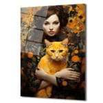 Gizemli Kadın ve Turuncu Kedi: Modern Sanat Temperli Cam Tablo Duvar Dekoru cam tablo, duvar sanatı, modern dekorasyon, soyut sanat, cam sanat eserleri, iç mekan dekorasyonu, ofis dekorasyonu, ev dekorasyonu, restoran dekorasyonu, cafe dekorasyonu, cam baskı, UV baskı, estetik duvar sanatı