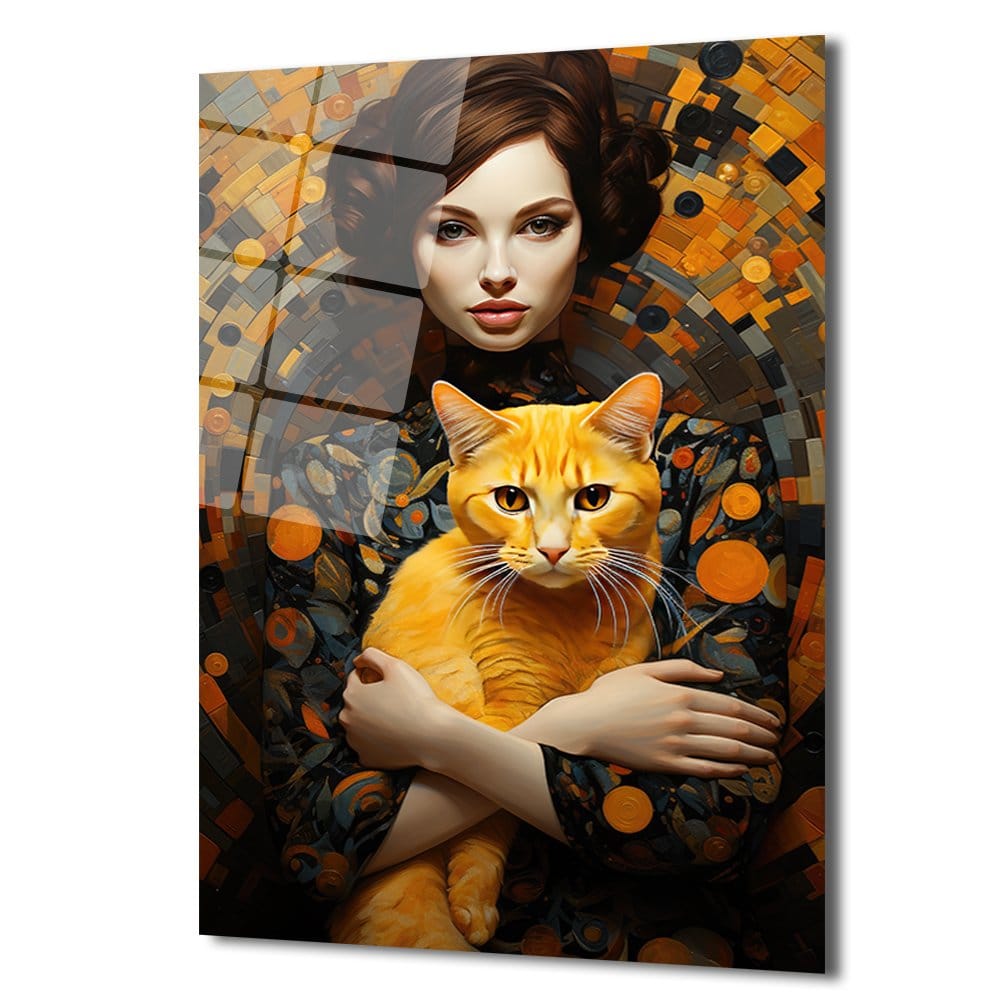 Gizemli Kadın ve Turuncu Kedi: Modern Sanat Temperli Cam Tablo Duvar Dekoru cam tablo, duvar sanatı, modern dekorasyon, soyut sanat, cam sanat eserleri, iç mekan dekorasyonu, ofis dekorasyonu, ev dekorasyonu, restoran dekorasyonu, cafe dekorasyonu, cam baskı, UV baskı, estetik duvar sanatı