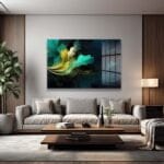 Zümrüt Akışı: Soyut Teal ve Altın Detaylı Temperli Cam Tablo Duvar Dekoru cam tablo, duvar sanatı, modern dekorasyon, soyut sanat, cam sanat eserleri, iç mekan dekorasyonu, ofis dekorasyonu, ev dekorasyonu, restoran dekorasyonu, cafe dekorasyonu, cam baskı, UV baskı, estetik duvar sanatı