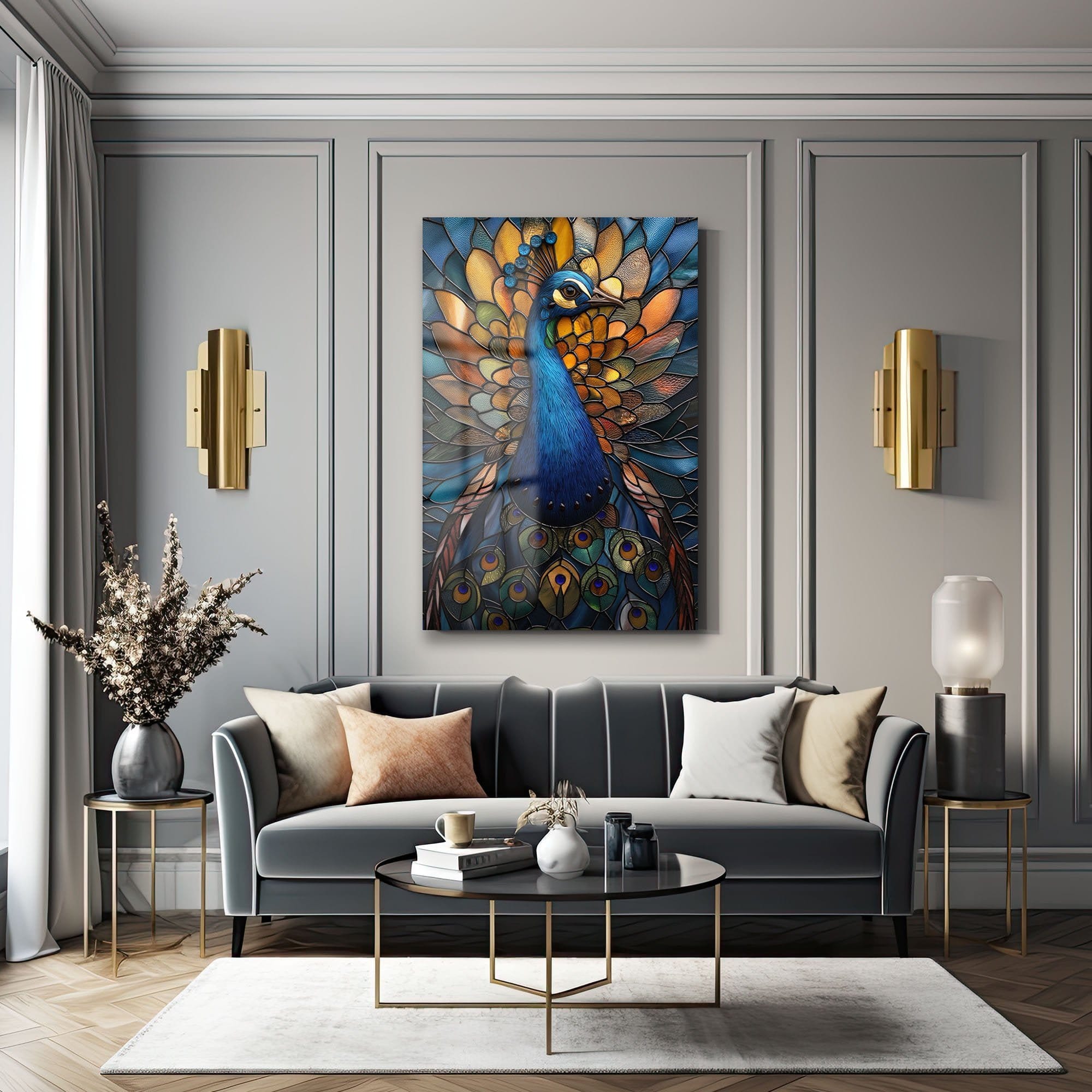 Vitray Sanatıyla İşlenmiş Tavus Kuşu: Canlı Renklerde Temperli Cam Tablo Duvar Dekoru cam tablo, duvar sanatı, modern dekorasyon, soyut sanat, cam sanat eserleri, iç mekan dekorasyonu, ofis dekorasyonu, ev dekorasyonu, restoran dekorasyonu, cafe dekorasyonu, cam baskı, UV baskı, estetik duvar sanatı