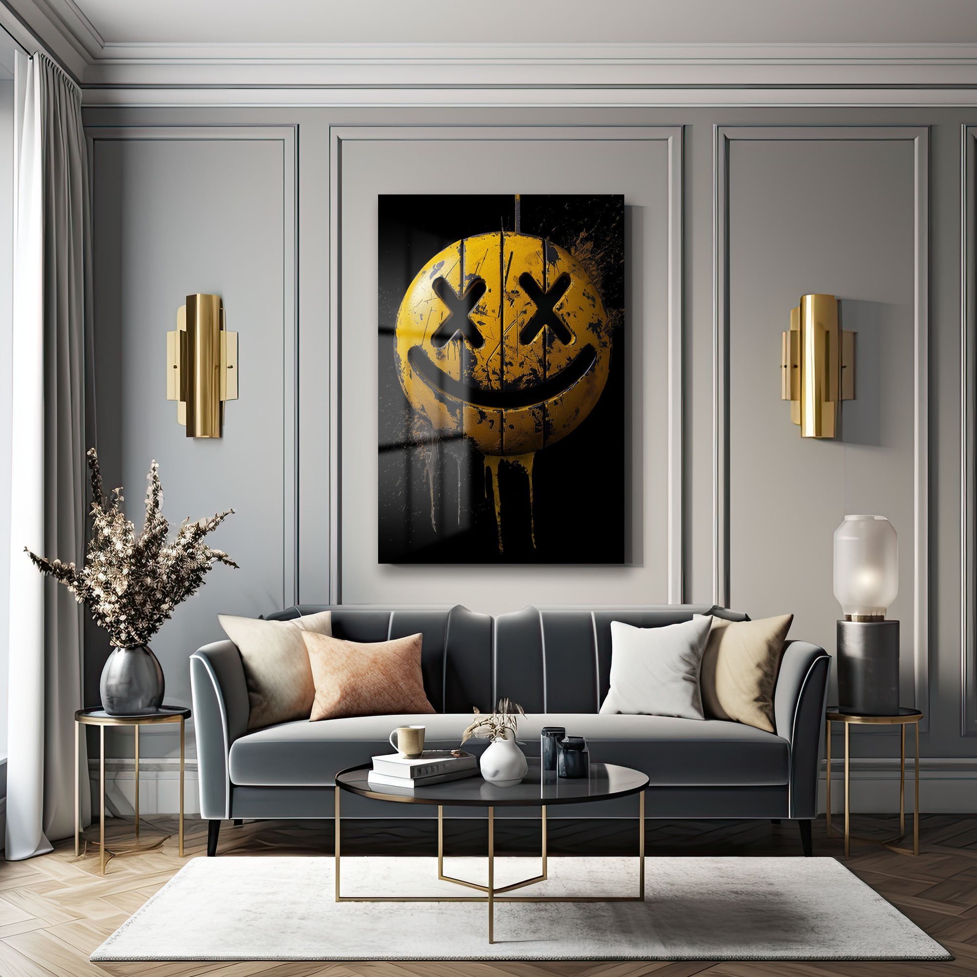 Urban Grunge Smiley: Asi Ruhlu Modern Cam Tablo Duvar Dekoru cam tablo, duvar sanatı, modern dekorasyon, soyut sanat, cam sanat eserleri, iç mekan dekorasyonu, ofis dekorasyonu, ev dekorasyonu, restoran dekorasyonu, cafe dekorasyonu, cam baskı, UV baskı, estetik duvar sanatı