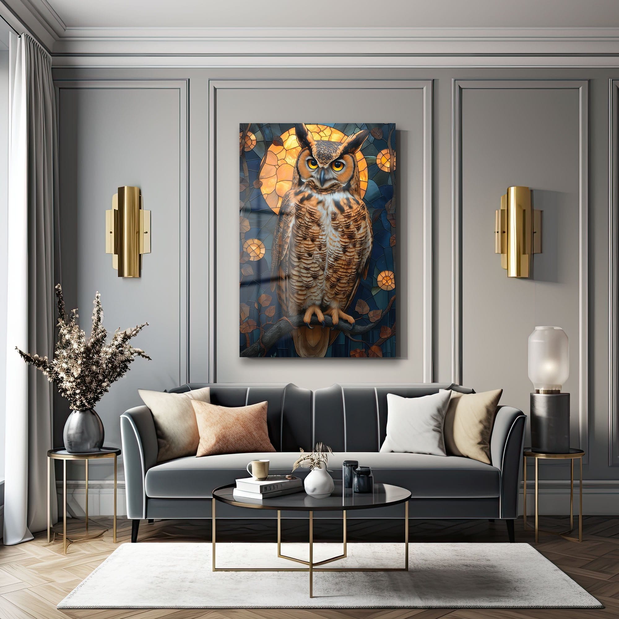 Ay Işığında Bilge Baykuş: Vitray Sanatı Temperli Cam Tablo Duvar Dekoru cam tablo, duvar sanatı, modern dekorasyon, soyut sanat, cam sanat eserleri, iç mekan dekorasyonu, ofis dekorasyonu, ev dekorasyonu, restoran dekorasyonu, cafe dekorasyonu, cam baskı, UV baskı, estetik duvar sanatı