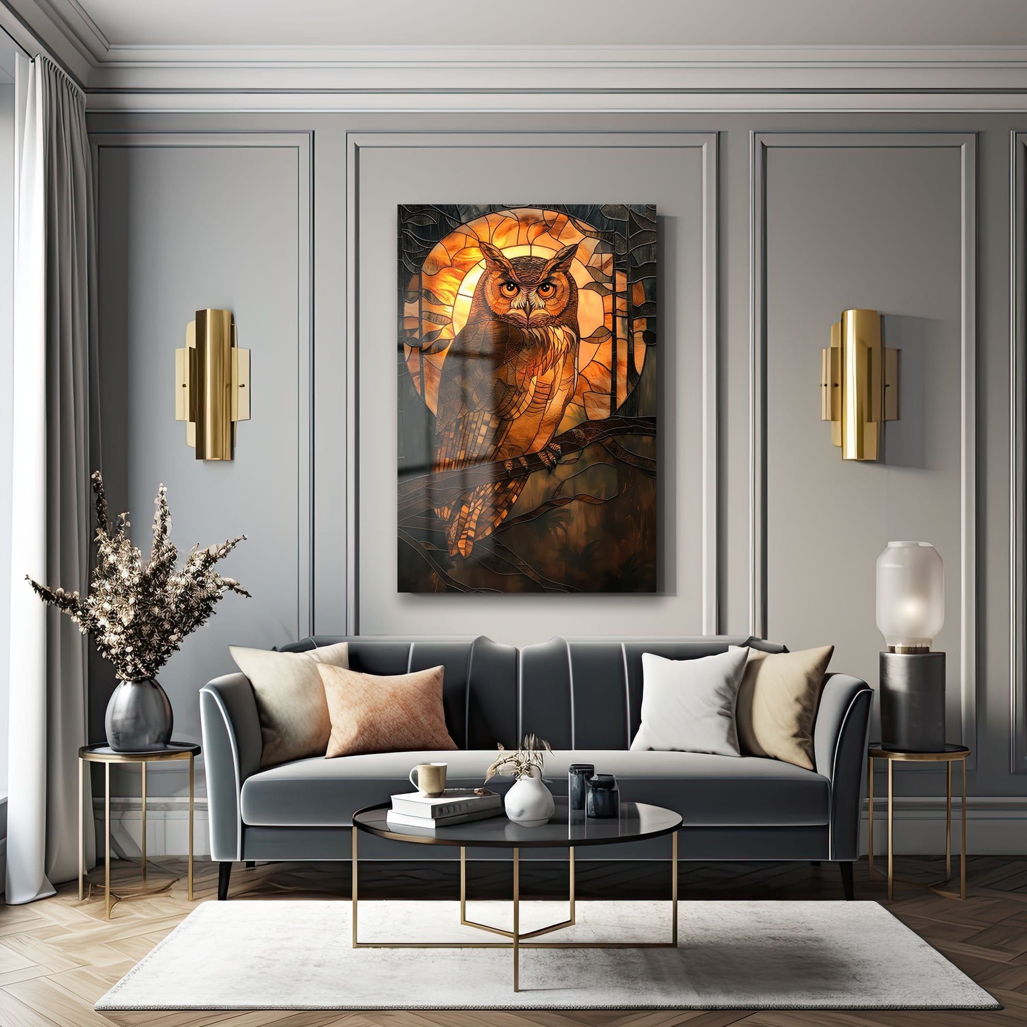 Bilge Baykuşun Sırrı: Vitray Sanatlı Temperli Cam Tablo Duvar Dekoru cam tablo, duvar sanatı, modern dekorasyon, soyut sanat, cam sanat eserleri, iç mekan dekorasyonu, ofis dekorasyonu, ev dekorasyonu, restoran dekorasyonu, cafe dekorasyonu, cam baskı, UV baskı, estetik duvar sanatı