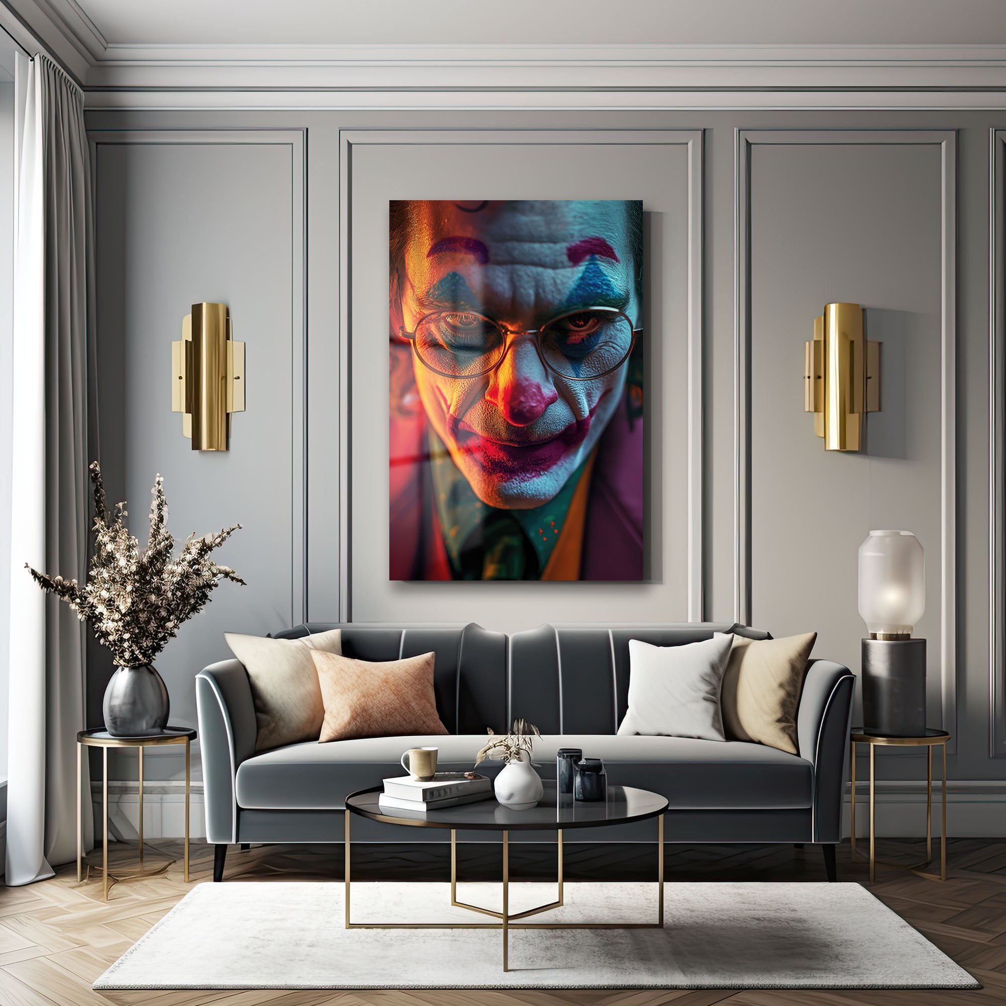 Joker'in Yüzü: Dramatik Işıklarla Modern Cam Tablo Duvar Dekoru cam tablo, duvar sanatı, modern dekorasyon, soyut sanat, cam sanat eserleri, iç mekan dekorasyonu, ofis dekorasyonu, ev dekorasyonu, restoran dekorasyonu, cafe dekorasyonu, cam baskı, UV baskı, estetik duvar sanatı