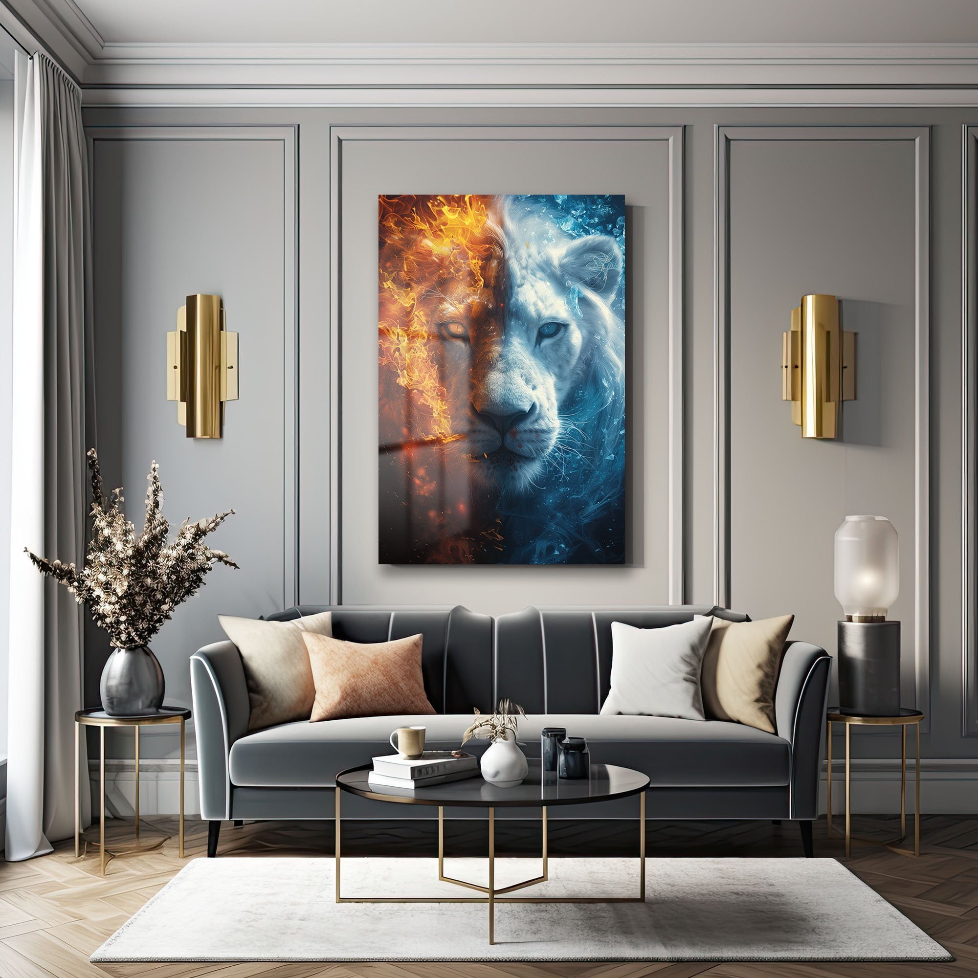 Ateş ve Buz Aslanı: Gücün ve Dinginliğin Modern Cam Tablosu Duvar Dekoru cam tablo, duvar sanatı, modern dekorasyon, soyut sanat, cam sanat eserleri, iç mekan dekorasyonu, ofis dekorasyonu, ev dekorasyonu, restoran dekorasyonu, cafe dekorasyonu, cam baskı, UV baskı, estetik duvar sanatı