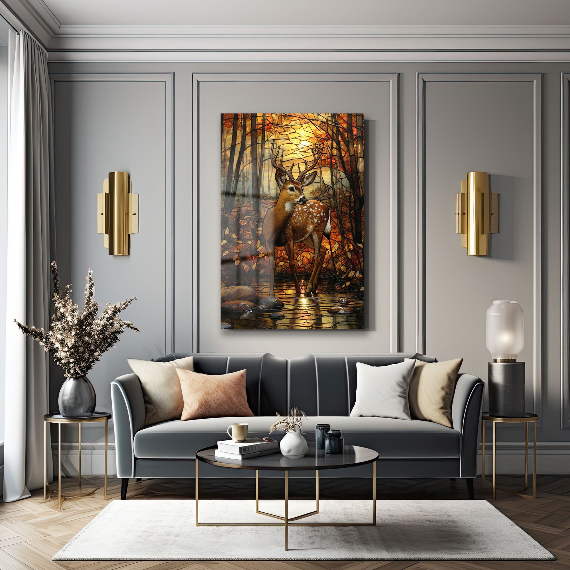 Geyik ve Gün Batımı: Vitray Tarzı Temperli Cam Tablo Duvar Dekoru cam tablo, duvar sanatı, modern dekorasyon, soyut sanat, cam sanat eserleri, iç mekan dekorasyonu, ofis dekorasyonu, ev dekorasyonu, restoran dekorasyonu, cafe dekorasyonu, cam baskı, UV baskı, estetik duvar sanatı