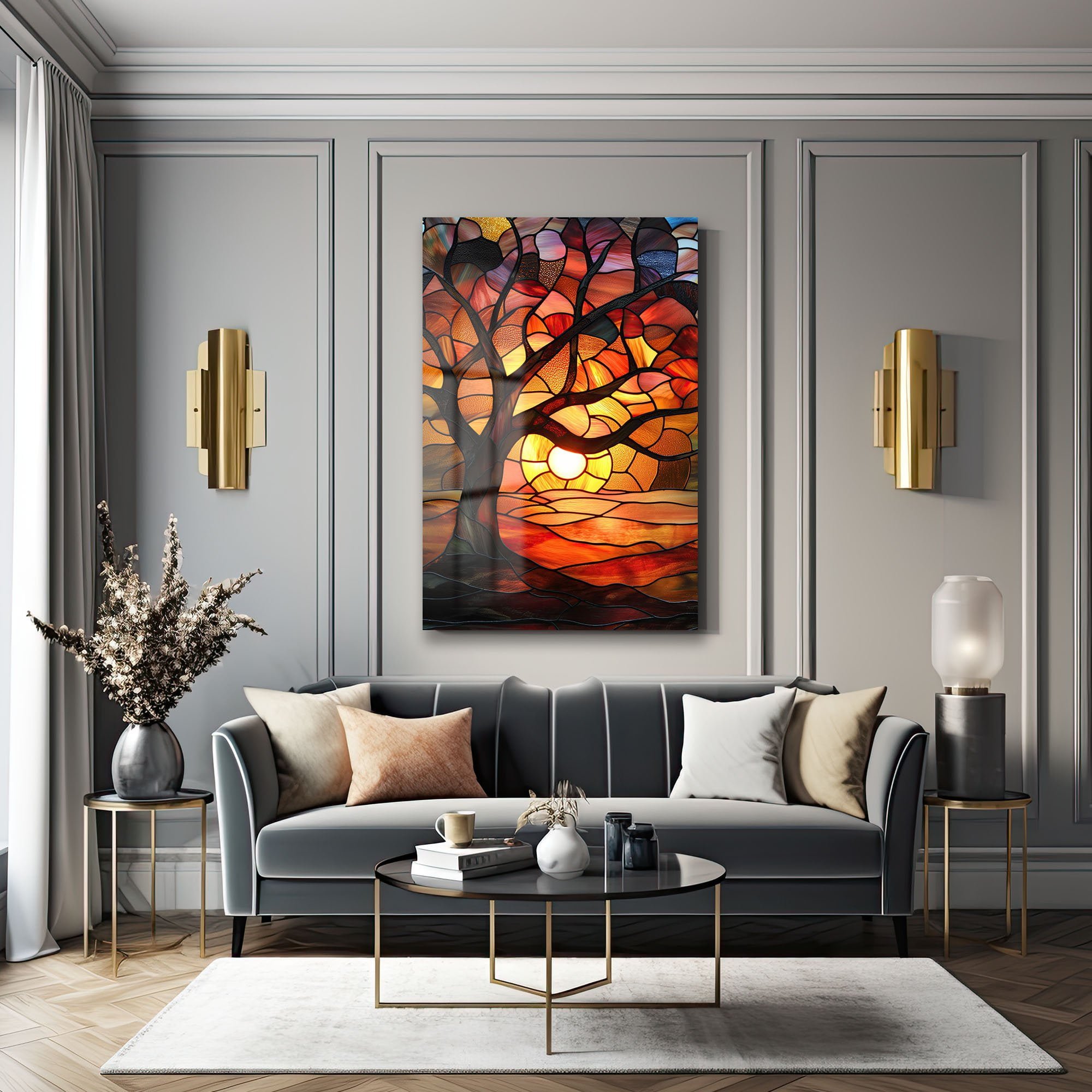 Gün Batımı Ağacı: Vitray Sanatı Temperli Cam Tablo Duvar Dekoru cam tablo, duvar sanatı, modern dekorasyon, soyut sanat, cam sanat eserleri, iç mekan dekorasyonu, ofis dekorasyonu, ev dekorasyonu, restoran dekorasyonu, cafe dekorasyonu, cam baskı, UV baskı, estetik duvar sanatı