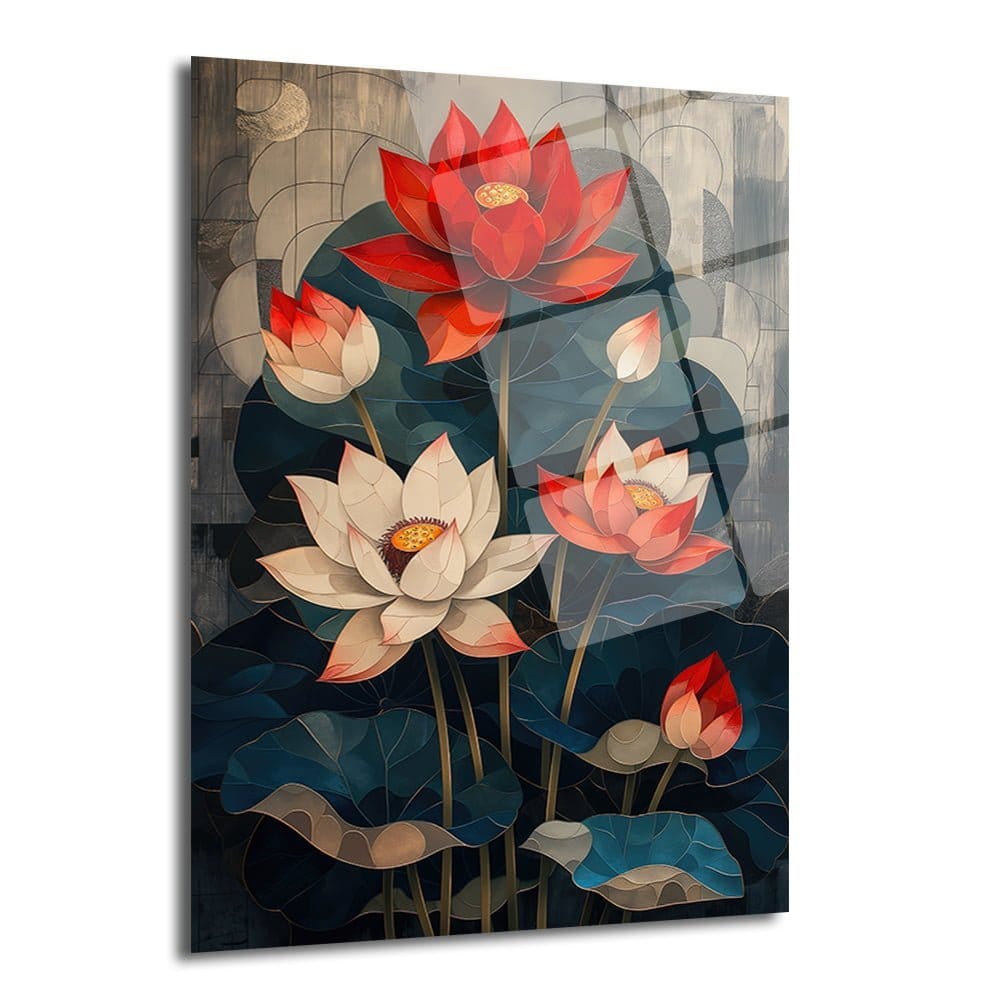 Zen Lotus Bahçesi: Canlı Renklerle Temperli Cam Tablo Duvar Dekoru cam tablo, duvar sanatı, modern dekorasyon, soyut sanat, cam sanat eserleri, iç mekan dekorasyonu, ofis dekorasyonu, ev dekorasyonu, restoran dekorasyonu, cafe dekorasyonu, cam baskı, UV baskı, estetik duvar sanatı