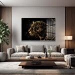 Altın Leopar Asaleti: Modern Temperli Cam Tablo Duvar Dekoru cam tablo, duvar sanatı, modern dekorasyon, soyut sanat, cam sanat eserleri, iç mekan dekorasyonu, ofis dekorasyonu, ev dekorasyonu, restoran dekorasyonu, cafe dekorasyonu, cam baskı, UV baskı, estetik duvar sanatı