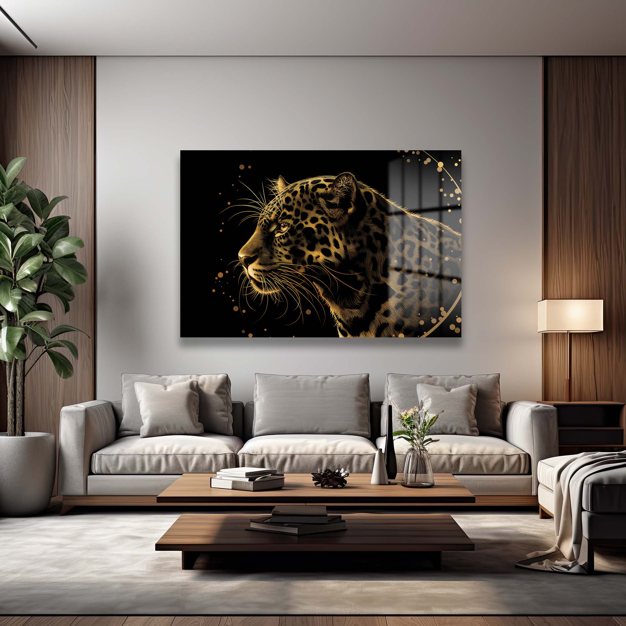 Altın Leopar Asaleti: Modern Temperli Cam Tablo Duvar Dekoru cam tablo, duvar sanatı, modern dekorasyon, soyut sanat, cam sanat eserleri, iç mekan dekorasyonu, ofis dekorasyonu, ev dekorasyonu, restoran dekorasyonu, cafe dekorasyonu, cam baskı, UV baskı, estetik duvar sanatı