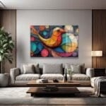 Mozaik Kuşun Dansı: Canlı Renklerde Modern Soyut Cam Tablo Duvar Dekoru cam tablo, duvar sanatı, modern dekorasyon, soyut sanat, cam sanat eserleri, iç mekan dekorasyonu, ofis dekorasyonu, ev dekorasyonu, restoran dekorasyonu, cafe dekorasyonu, cam baskı, UV baskı, estetik duvar sanatı