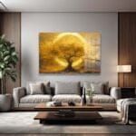 Altın Hayat Ağacı ve Sonsuzluk Çemberi: Lüks Temperli Cam Tablo Duvar Dekoru cam tablo, duvar sanatı, modern dekorasyon, soyut sanat, cam sanat eserleri, iç mekan dekorasyonu, ofis dekorasyonu, ev dekorasyonu, restoran dekorasyonu, cafe dekorasyonu, cam baskı, UV baskı, estetik duvar sanatı