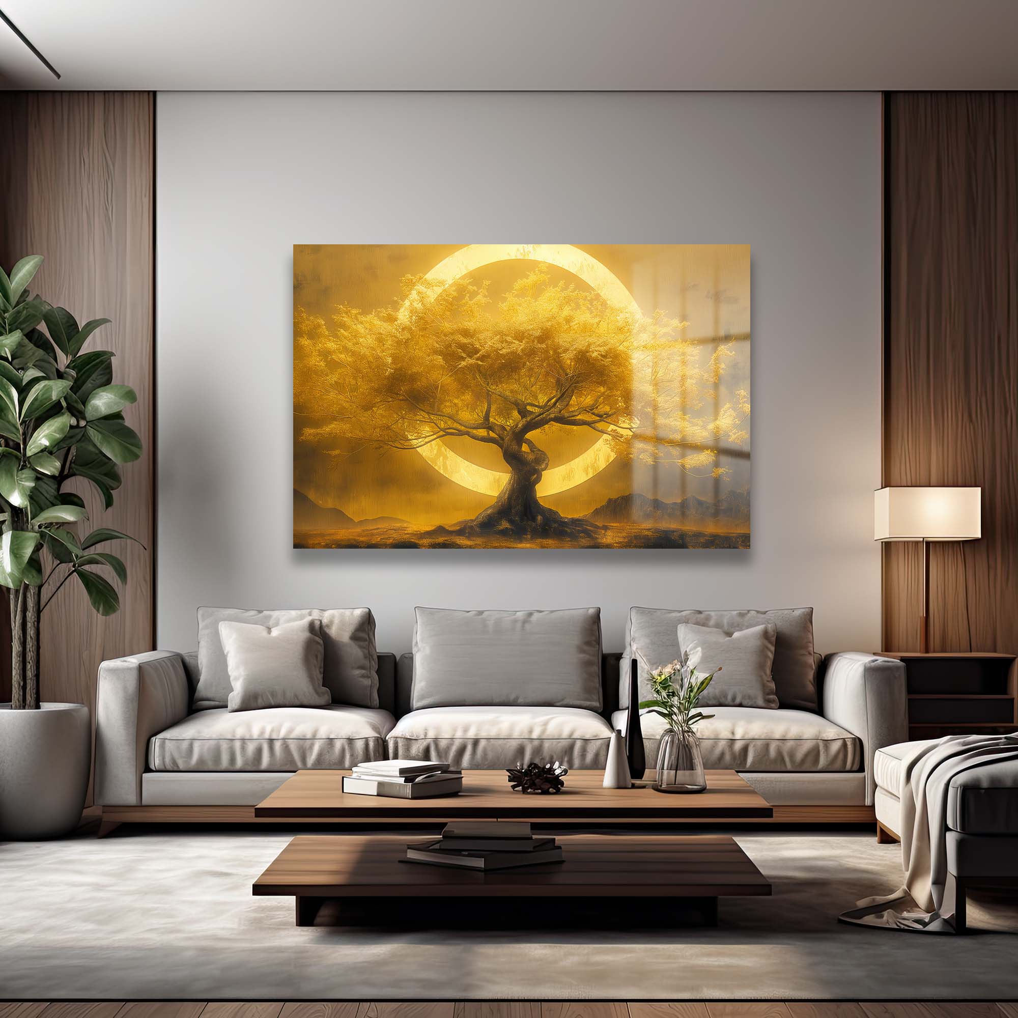 Altın Hayat Ağacı ve Sonsuzluk Çemberi: Lüks Temperli Cam Tablo Duvar Dekoru cam tablo, duvar sanatı, modern dekorasyon, soyut sanat, cam sanat eserleri, iç mekan dekorasyonu, ofis dekorasyonu, ev dekorasyonu, restoran dekorasyonu, cafe dekorasyonu, cam baskı, UV baskı, estetik duvar sanatı