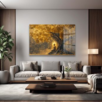 Huzurun Altın Işığı: Buddha Meditasyon Cam Tablo | Modern Duvar Dekorasyonu - Glazella Huzurun Altın Işığı: Buddha Meditasyon Cam Tablo | Modern Duvar Dekorasyonu - Glazella