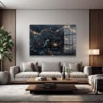 Gece Mavisi Altın Çiçekler: Lüks Soyut Cam Tablo Duvar Dekoru cam tablo, duvar sanatı, modern dekorasyon, soyut sanat, cam sanat eserleri, iç mekan dekorasyonu, ofis dekorasyonu, ev dekorasyonu, restoran dekorasyonu, cafe dekorasyonu, cam baskı, UV baskı, estetik duvar sanatı