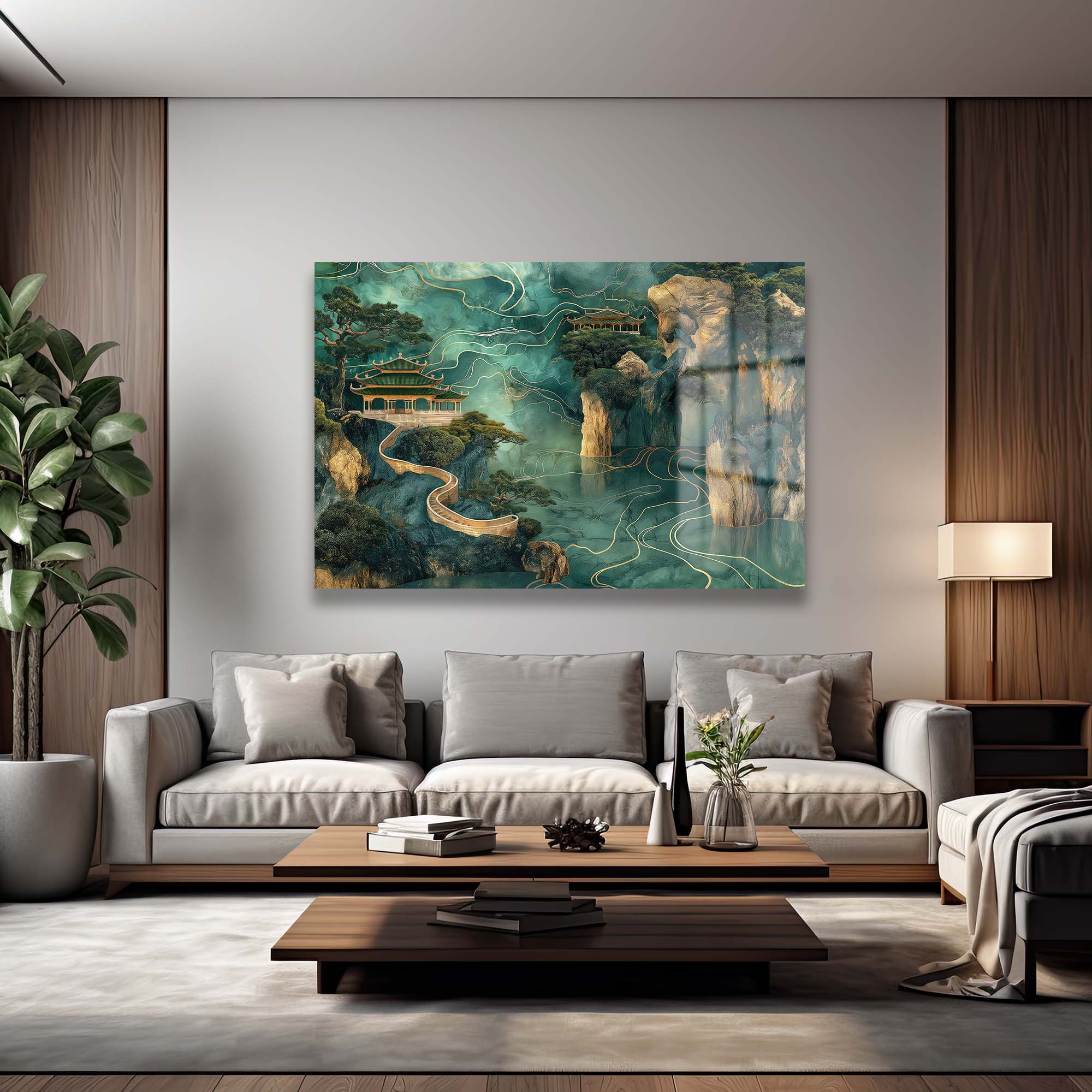 Uzakdoğu'nun Saklı Cenneti: Altın Dokunuşlu Modern Cam Tablo Duvar Dekoru cam tablo, duvar sanatı, modern dekorasyon, soyut sanat, cam sanat eserleri, iç mekan dekorasyonu, ofis dekorasyonu, ev dekorasyonu, restoran dekorasyonu, cafe dekorasyonu, cam baskı, UV baskı, estetik duvar sanatı