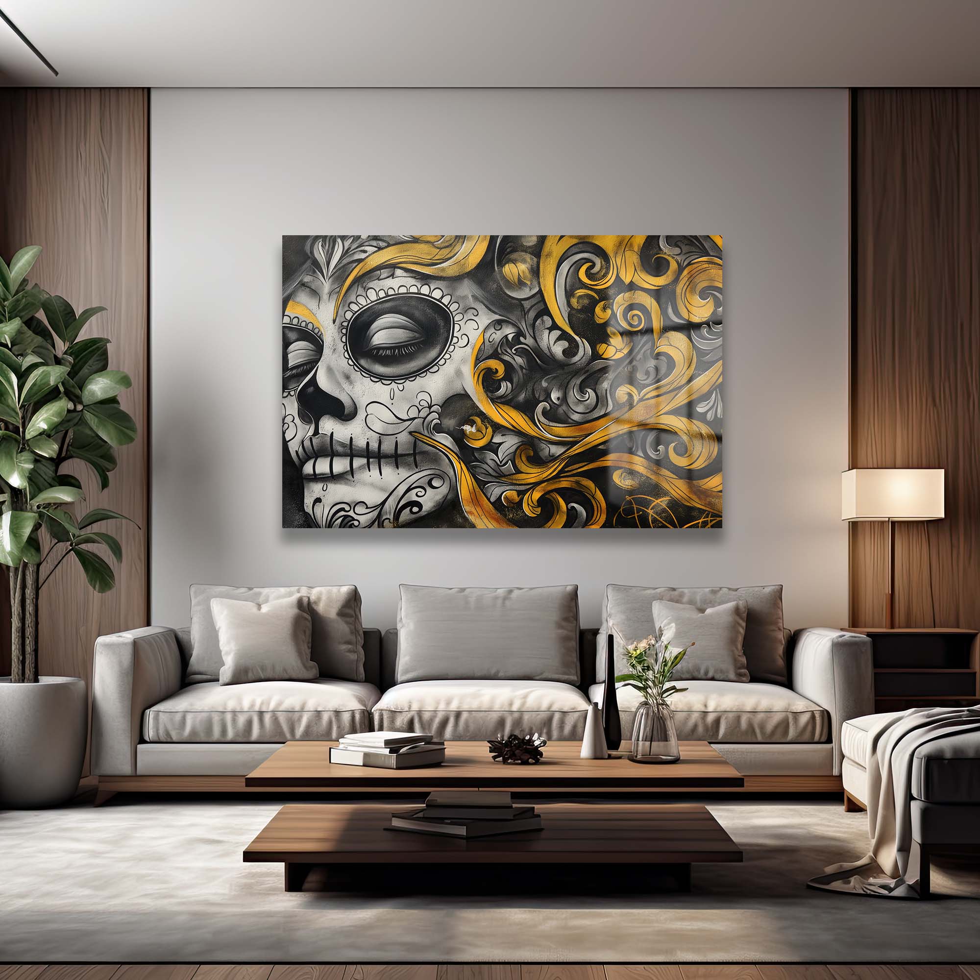Altın Rüyalar Calavera: Modern Sanatsal Cam Tablo Duvar Dekoru cam tablo, duvar sanatı, modern dekorasyon, soyut sanat, cam sanat eserleri, iç mekan dekorasyonu, ofis dekorasyonu, ev dekorasyonu, restoran dekorasyonu, cafe dekorasyonu, cam baskı, UV baskı, estetik duvar sanatı