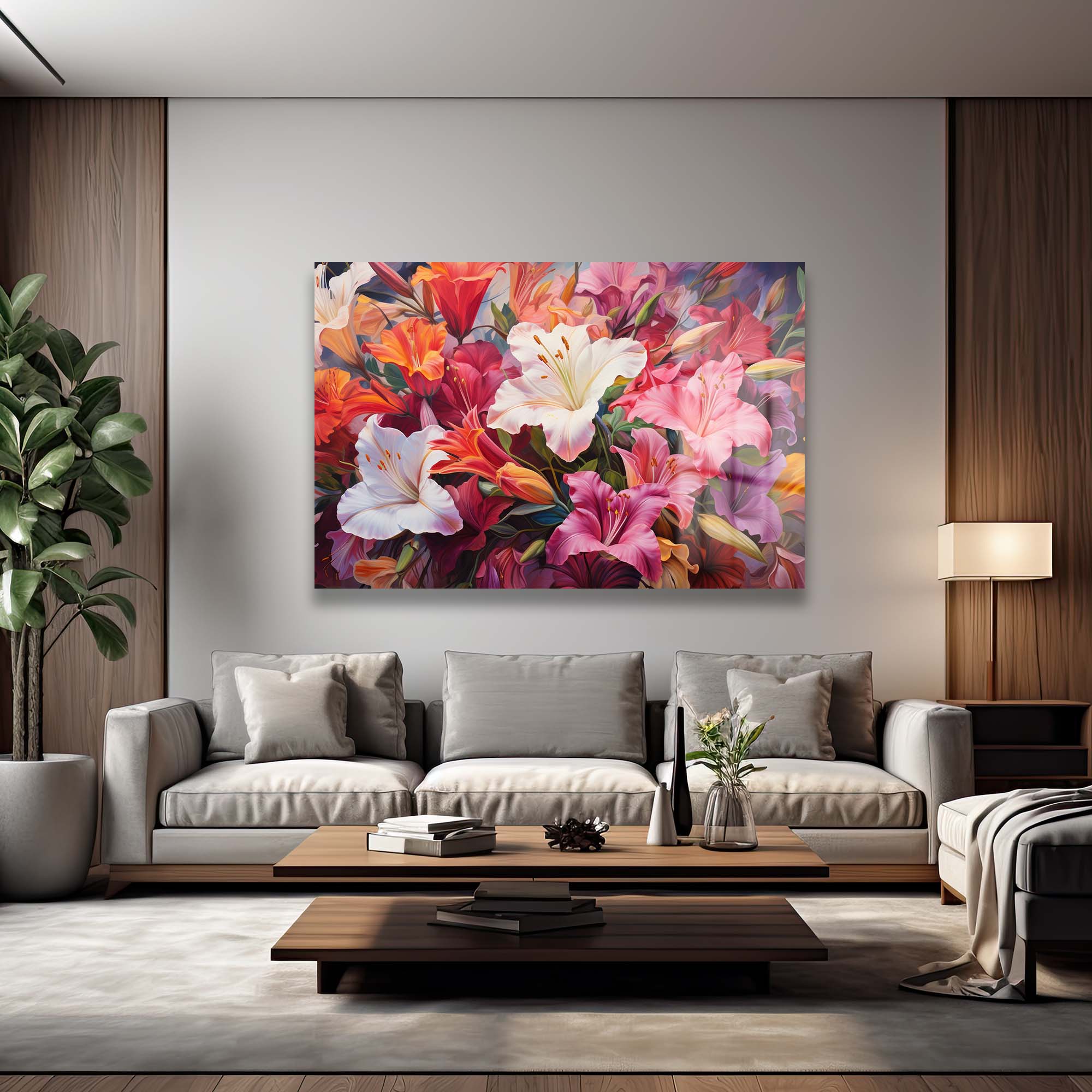 Canlı Zambakların Dansı: Modern Çiçekli Dekoratif Cam Tablo Duvar Dekoru cam tablo, duvar sanatı, modern dekorasyon, soyut sanat, cam sanat eserleri, iç mekan dekorasyonu, ofis dekorasyonu, ev dekorasyonu, restoran dekorasyonu, cafe dekorasyonu, cam baskı, UV baskı, estetik duvar sanatı