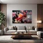 Büyüleyici Floral Dans: Pembe ve Turuncu Tonlarında Modern Cam Tablo Duvar Dekoru cam tablo, duvar sanatı, modern dekorasyon, soyut sanat, cam sanat eserleri, iç mekan dekorasyonu, ofis dekorasyonu, ev dekorasyonu, restoran dekorasyonu, cafe dekorasyonu, cam baskı, UV baskı, estetik duvar sanatı