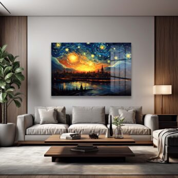Yıldızlı Şehir Gecesi: Van Gogh Esintili Dekoratif Cam Tablo - Glazella