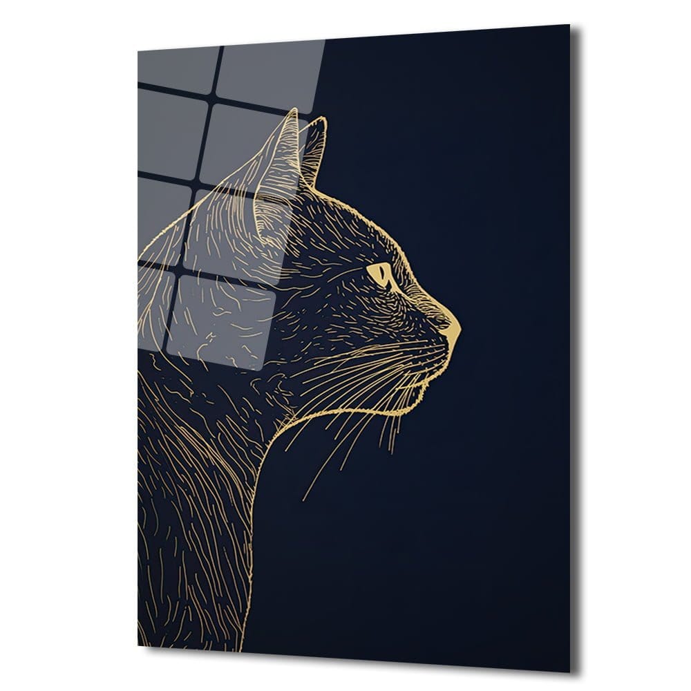 Asil Kedi Silüeti: Altın Çizgili Modern Cam Tablo Duvar Dekoru cam tablo, duvar sanatı, modern dekorasyon, soyut sanat, cam sanat eserleri, iç mekan dekorasyonu, ofis dekorasyonu, ev dekorasyonu, restoran dekorasyonu, cafe dekorasyonu, cam baskı, UV baskı, estetik duvar sanatı