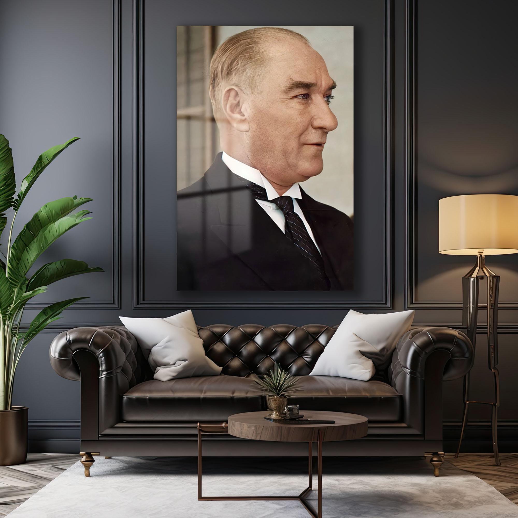 Ulu Önder Atatürk'ün Zamansız Bakışı: Temperli Cam Tablo Duvar Dekoru cam tablo, duvar sanatı, modern dekorasyon, soyut sanat, cam sanat eserleri, iç mekan dekorasyonu, ofis dekorasyonu, ev dekorasyonu, restoran dekorasyonu, cafe dekorasyonu, cam baskı, UV baskı, estetik duvar sanatı