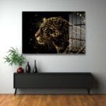 Altın Leopar Asaleti: Modern Temperli Cam Tablo Duvar Dekoru cam tablo, duvar sanatı, modern dekorasyon, soyut sanat, cam sanat eserleri, iç mekan dekorasyonu, ofis dekorasyonu, ev dekorasyonu, restoran dekorasyonu, cafe dekorasyonu, cam baskı, UV baskı, estetik duvar sanatı