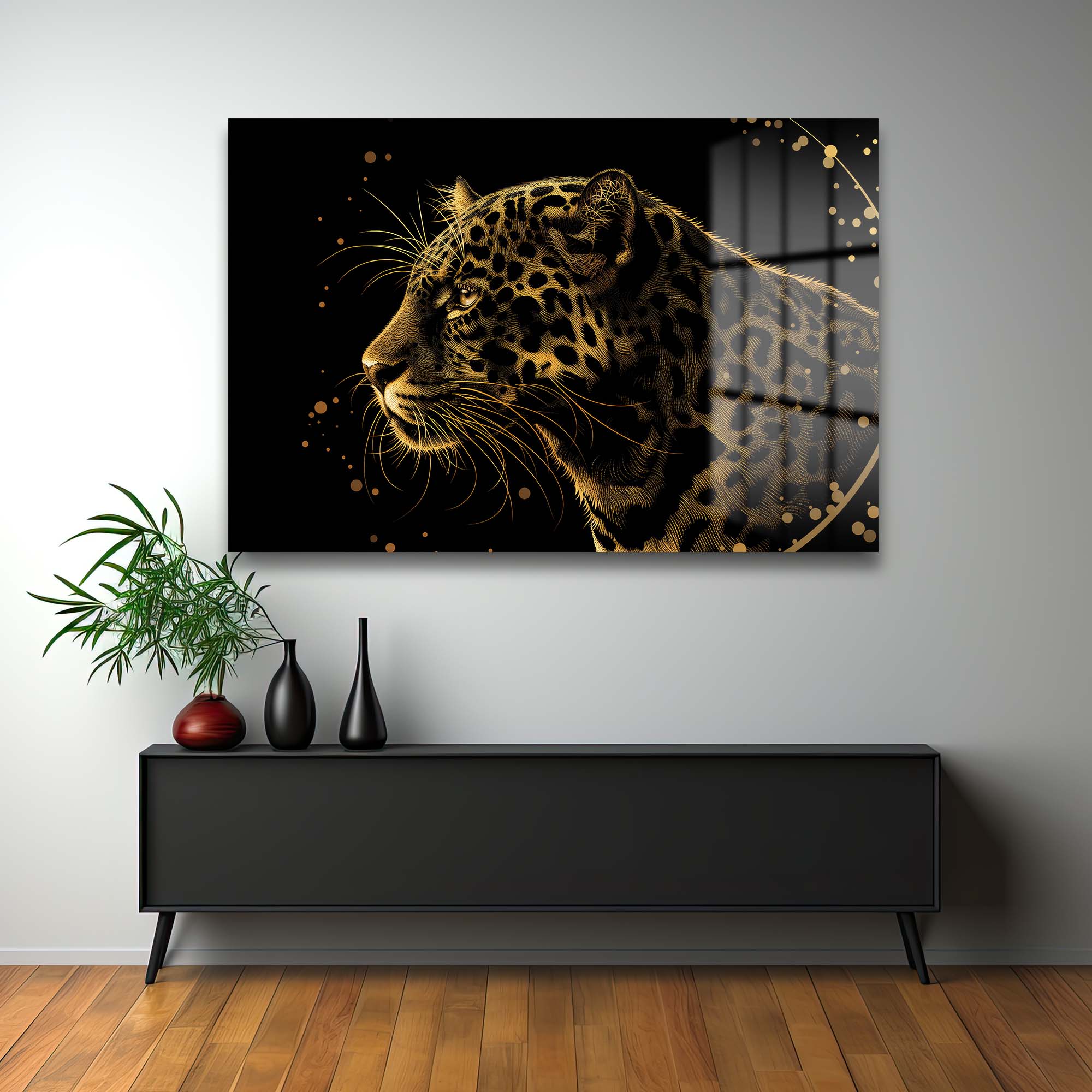 Altın Leopar Asaleti: Modern Temperli Cam Tablo Duvar Dekoru cam tablo, duvar sanatı, modern dekorasyon, soyut sanat, cam sanat eserleri, iç mekan dekorasyonu, ofis dekorasyonu, ev dekorasyonu, restoran dekorasyonu, cafe dekorasyonu, cam baskı, UV baskı, estetik duvar sanatı