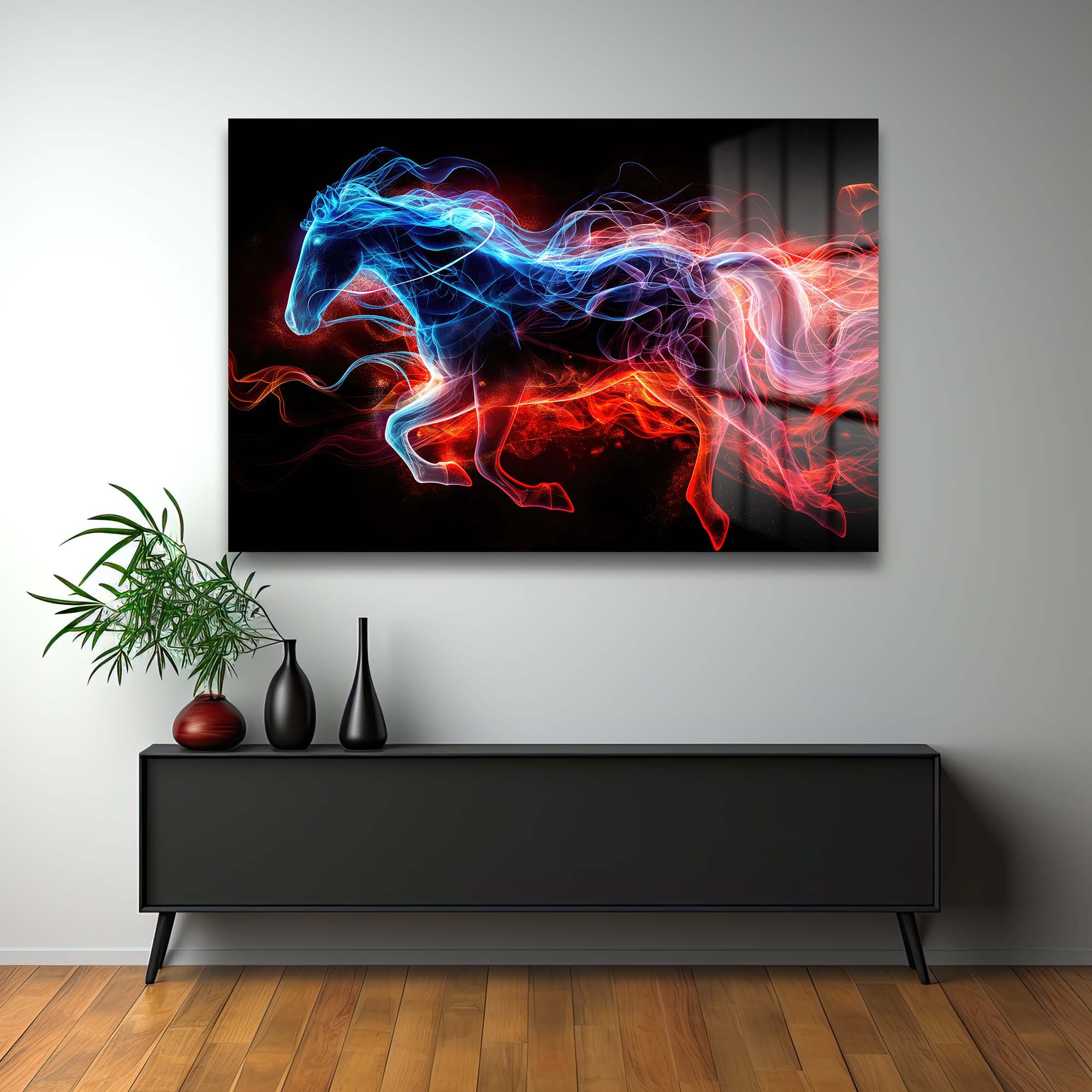 Sonsuz Enerji: Ateş ve Buz Atı Modern Cam Tablo Duvar Dekoru cam tablo, duvar sanatı, modern dekorasyon, soyut sanat, cam sanat eserleri, iç mekan dekorasyonu, ofis dekorasyonu, ev dekorasyonu, restoran dekorasyonu, cafe dekorasyonu, cam baskı, UV baskı, estetik duvar sanatı