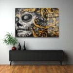 Altın Rüyalar Calavera: Modern Sanatsal Cam Tablo Duvar Dekoru cam tablo, duvar sanatı, modern dekorasyon, soyut sanat, cam sanat eserleri, iç mekan dekorasyonu, ofis dekorasyonu, ev dekorasyonu, restoran dekorasyonu, cafe dekorasyonu, cam baskı, UV baskı, estetik duvar sanatı
