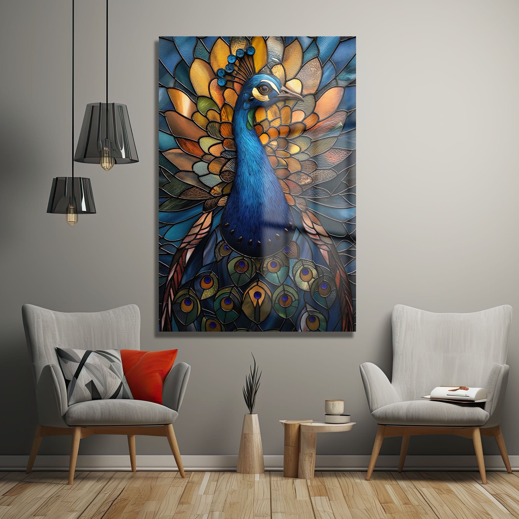 Vitray Sanatıyla İşlenmiş Tavus Kuşu: Canlı Renklerde Temperli Cam Tablo Duvar Dekoru cam tablo, duvar sanatı, modern dekorasyon, soyut sanat, cam sanat eserleri, iç mekan dekorasyonu, ofis dekorasyonu, ev dekorasyonu, restoran dekorasyonu, cafe dekorasyonu, cam baskı, UV baskı, estetik duvar sanatı
