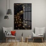 Altın Tavuskuşu: Siyah Fonlu Lüks Cam Tablo Duvar Dekoru cam tablo, duvar sanatı, modern dekorasyon, soyut sanat, cam sanat eserleri, iç mekan dekorasyonu, ofis dekorasyonu, ev dekorasyonu, restoran dekorasyonu, cafe dekorasyonu, cam baskı, UV baskı, estetik duvar sanatı