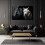Denge ve Güç: Siyah Beyaz Kurtlar Temalı Modern Cam Tablo Duvar Dekoru cam tablo, duvar sanatı, modern dekorasyon, soyut sanat, cam sanat eserleri, iç mekan dekorasyonu, ofis dekorasyonu, ev dekorasyonu, restoran dekorasyonu, cafe dekorasyonu, cam baskı, UV baskı, estetik duvar sanatı