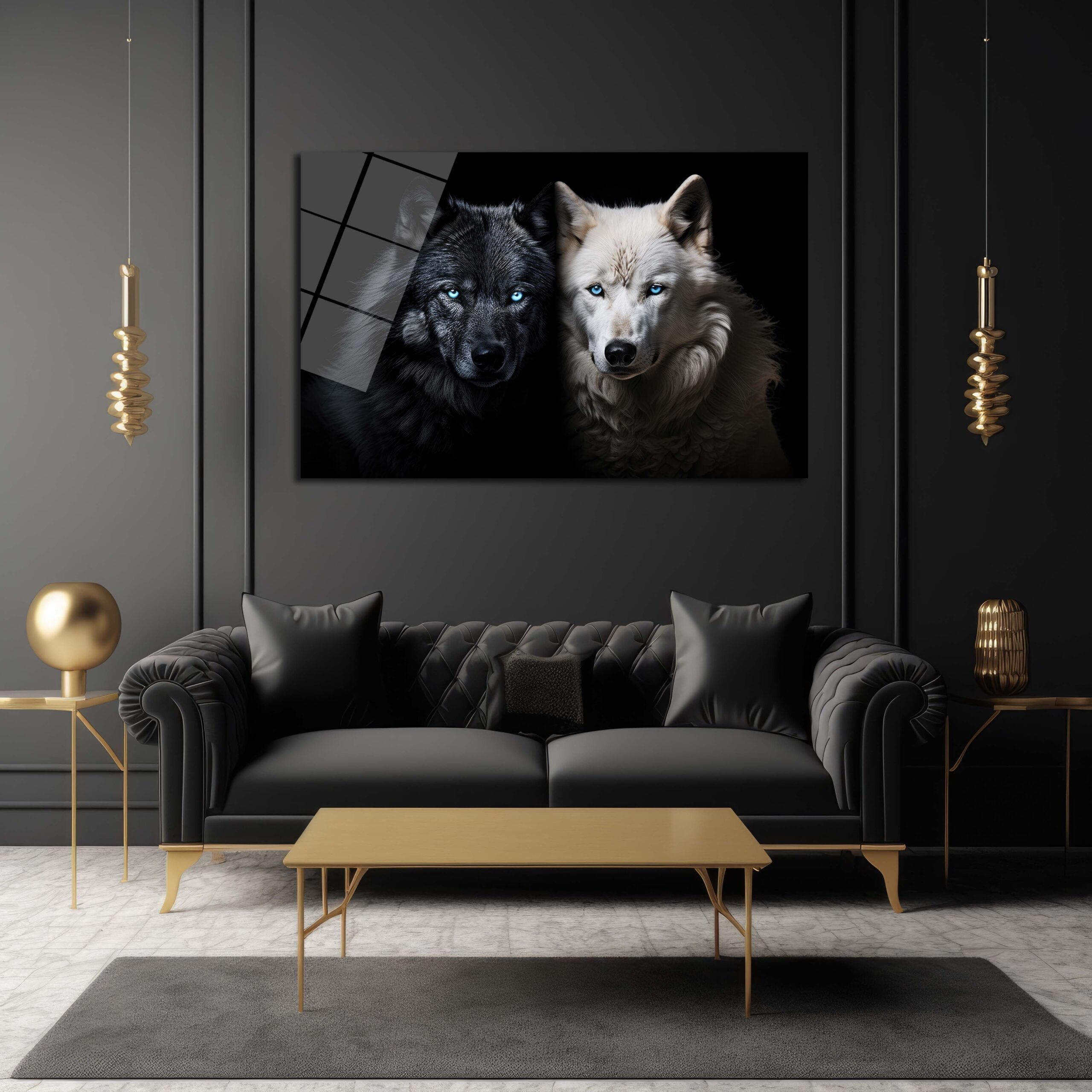 Denge ve Güç: Siyah Beyaz Kurtlar Temalı Modern Cam Tablo Duvar Dekoru cam tablo, duvar sanatı, modern dekorasyon, soyut sanat, cam sanat eserleri, iç mekan dekorasyonu, ofis dekorasyonu, ev dekorasyonu, restoran dekorasyonu, cafe dekorasyonu, cam baskı, UV baskı, estetik duvar sanatı
