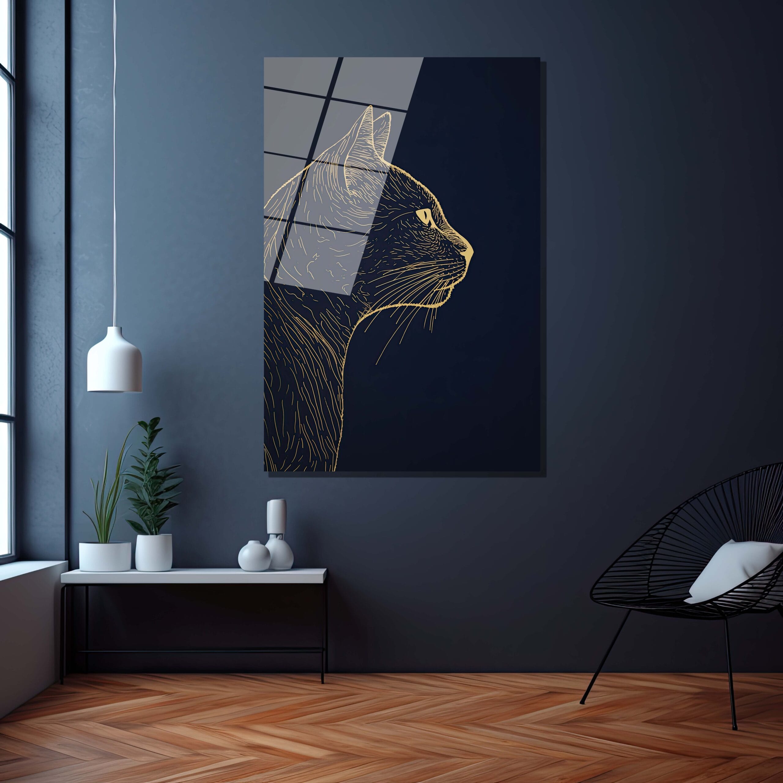 Asil Kedi Silüeti: Altın Çizgili Modern Cam Tablo Duvar Dekoru cam tablo, duvar sanatı, modern dekorasyon, soyut sanat, cam sanat eserleri, iç mekan dekorasyonu, ofis dekorasyonu, ev dekorasyonu, restoran dekorasyonu, cafe dekorasyonu, cam baskı, UV baskı, estetik duvar sanatı